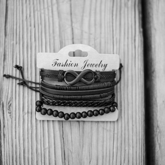 4pcs Faux Leather handwoven fashion bracelet - B&W